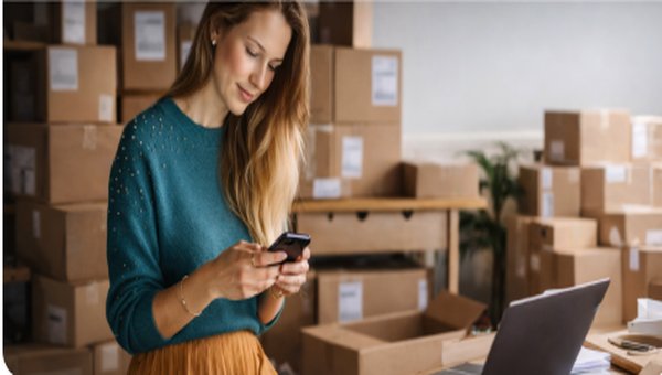 Image d'une femme sur son téléphone avec des cartons en arrière plan